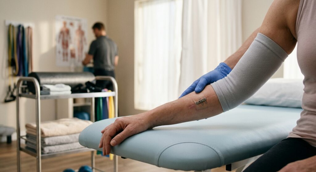 A professional, editorial-style close-up of a patient’s arm in a modern medical rehabilitation setti