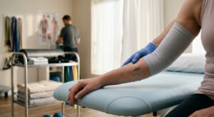 A professional, editorial-style close-up of a patient’s arm in a modern medical rehabilitation setti