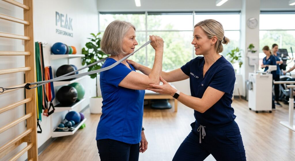 A professional, high-quality editorial shot of a physical therapist guiding a patient through a gent