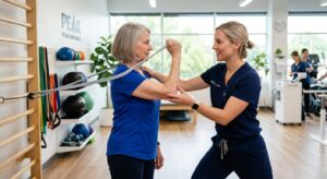 A professional, high-quality editorial shot of a physical therapist guiding a patient through a gent