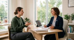 A professional, high-quality editorial photograph of a female patient sitting in a bright, modern ph