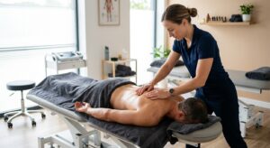 A professional, high-angle editorial photograph of a physiotherapist performing detailed deep tissue