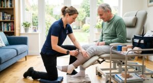 A professional, high-quality editorial photograph showing a focused physical therapist demonstrating