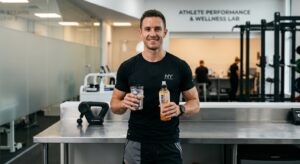 A professional editorial photograph of a fit athlete holding a glass of water and a bottle of sports