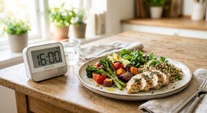 A professional, high-quality editorial photograph featuring a balanced, nutritious meal plate alongs