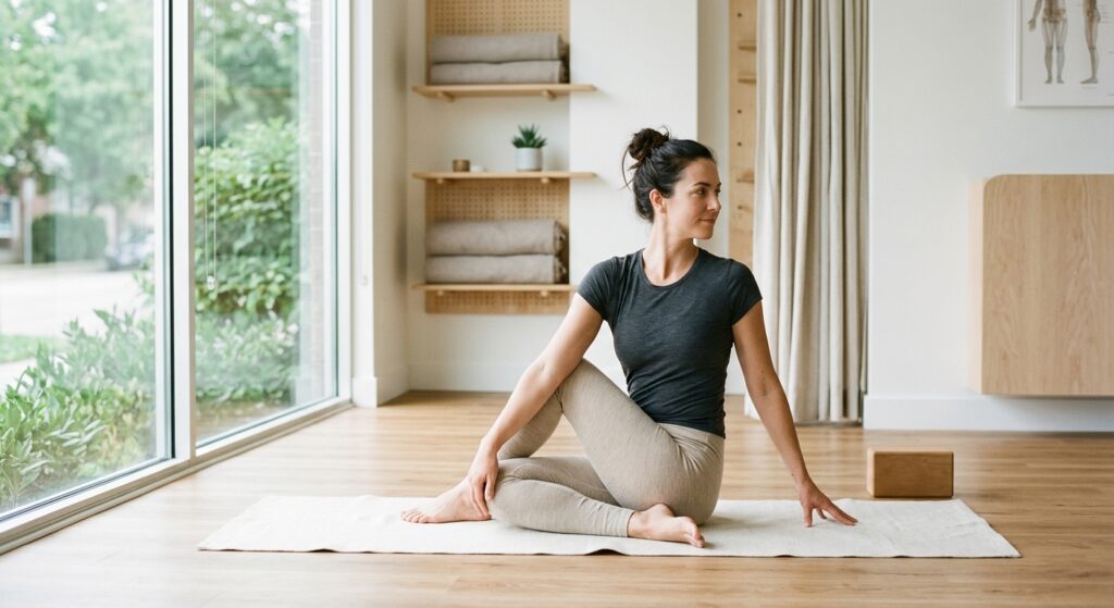 A professional, minimalist photograph of a person practicing gentle yoga in a bright, modern physiot