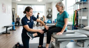 A professional, high-quality editorial shot of a physical therapist guiding a patient through a cont