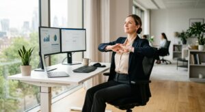 A high-quality, professional editorial shot of a woman in business-casual attire performing a subtle