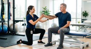 A high-quality, professional editorial photograph of a physical therapist guiding a patient through