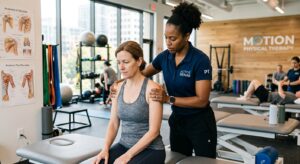 Professional editorial shot of a physical therapist performing focused manual joint mobilization on