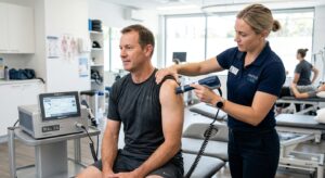 A professional, high-quality medical photograph showing a physical therapist performing modern shock