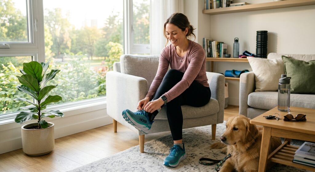 A professional editorial photograph of a person in comfortable activewear peacefully preparing for a