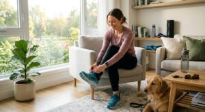 A professional editorial photograph of a person in comfortable activewear peacefully preparing for a