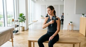 A professional, high-angle editorial photograph of a person using a handheld vibration therapy devic