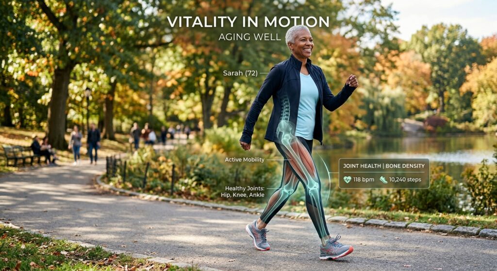 A high-quality, professional medical editorial image of an active senior person walking confidently