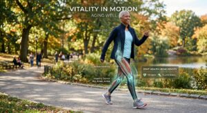 A high-quality, professional medical editorial image of an active senior person walking confidently