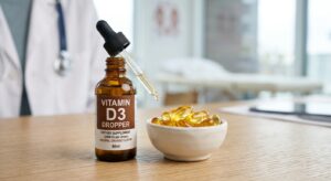 A professional, editorial-style close-up of a glass dropper bottle of vitamin D next to a small bowl
