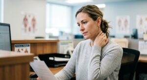 A professional, high-quality editorial photograph of an adult person sitting at an office desk while