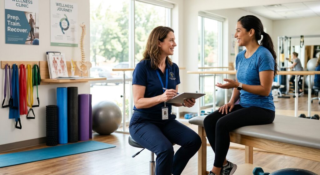 A clean, professional medical editorial shot showing a clinical consultation between a doctor and an