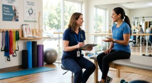 A clean, professional medical editorial shot showing a clinical consultation between a doctor and an
