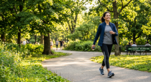 A professional, editorial-style photograph featuring an adult walking confidently in a sunlit park,