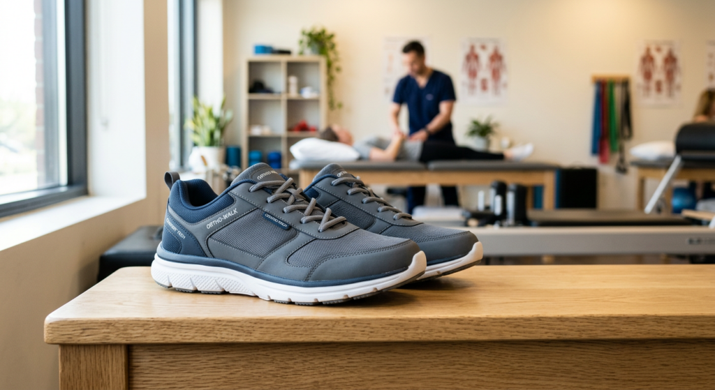 A high-quality, professional editorial photograph of a pair of modern, ergonomic orthopedic shoes pl
