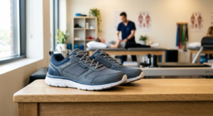 A high-quality, professional editorial photograph of a pair of modern, ergonomic orthopedic shoes pl