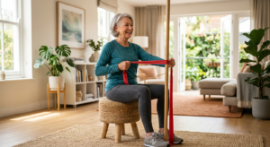 A high-quality editorial shot of a smiling senior exercising comfortably in a sunlit, modern living