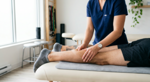A professional, editorial-style close-up of a physical therapist’s hands performing a gentle massage