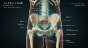 A professional, high-quality medical illustration of a human skeletal system focusing on the hip joi