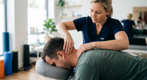 A professional close-up shot of a physical therapist performing gentle manual therapy on a patient's