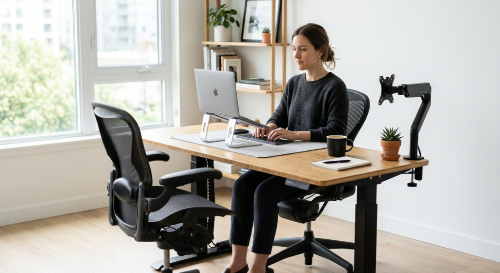 A professional and ergonomic office workstation setup with a modern desk, an adjustable chair, and a