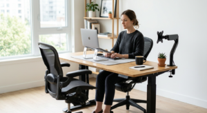 A professional and ergonomic office workstation setup with a modern desk, an adjustable chair, and a