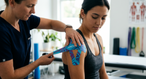 A professional, cinematic close-up of a physical therapist’s hands applying colorful kinesiology tap