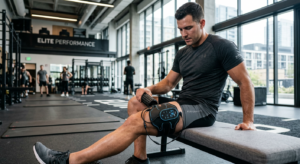 A professional, high-quality editorial shot of a muscular athlete in a modern sports facility, weari