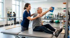 A professional, high-quality editorial photograph of a physical therapist guiding a patient through