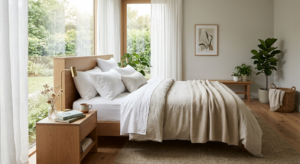 A high-quality, professional editorial photograph of a peaceful, modern bedroom interior with soft m