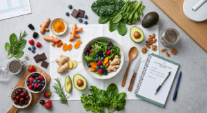 A high-quality, editorial-style flat lay photography of vibrant, fresh anti-inflammatory ingredients
