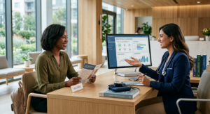A modern, professional healthcare setting featuring a confident person in their thirties smiling whi