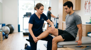 A professional, editorial-style close-up of a physical therapist guiding a patient through a knee re