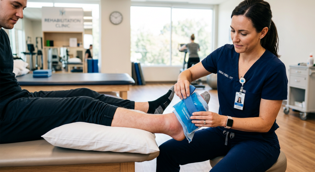 A professional, high-quality medical editorial photograph showing a physical therapist's hands apply