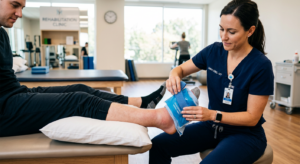 A professional, high-quality medical editorial photograph showing a physical therapist's hands apply