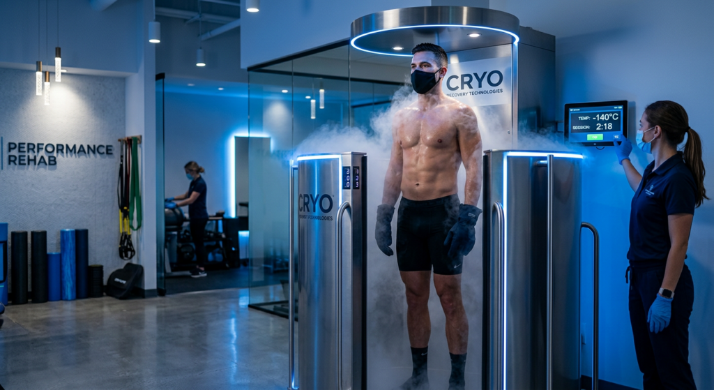 A professional, editorial-style photograph of a focused athlete undergoing cryotherapy treatment in
