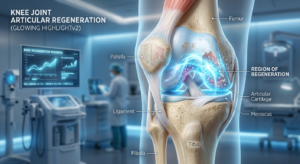 A professional medical illustration showing a close-up of a human knee joint with glowing, regenerat