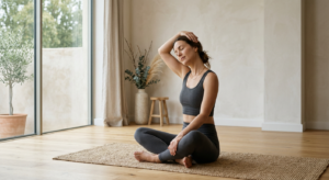A professional, high-quality editorial shot of a person performing a gentle neck stretch in a minima