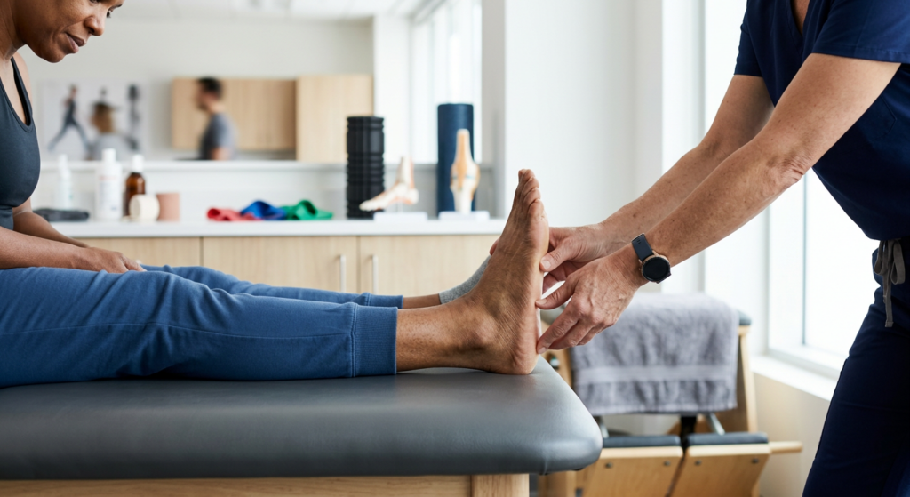 A professional, high-quality editorial photograph focusing on a person’s heel during a physical ther