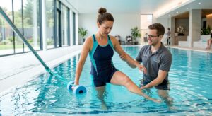 A professional, high-quality editorial shot of a woman undergoing physical therapy exercises in a mo