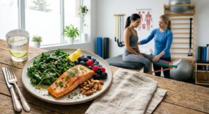 A high-quality, editorial-style photograph featuring a balanced, colorful plate of anti-inflammatory