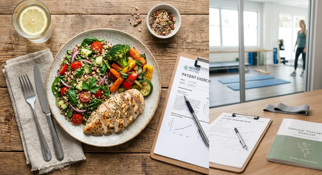 A clean, professional flat-lay photograph of a balanced, nutrient-dense meal including lean protein